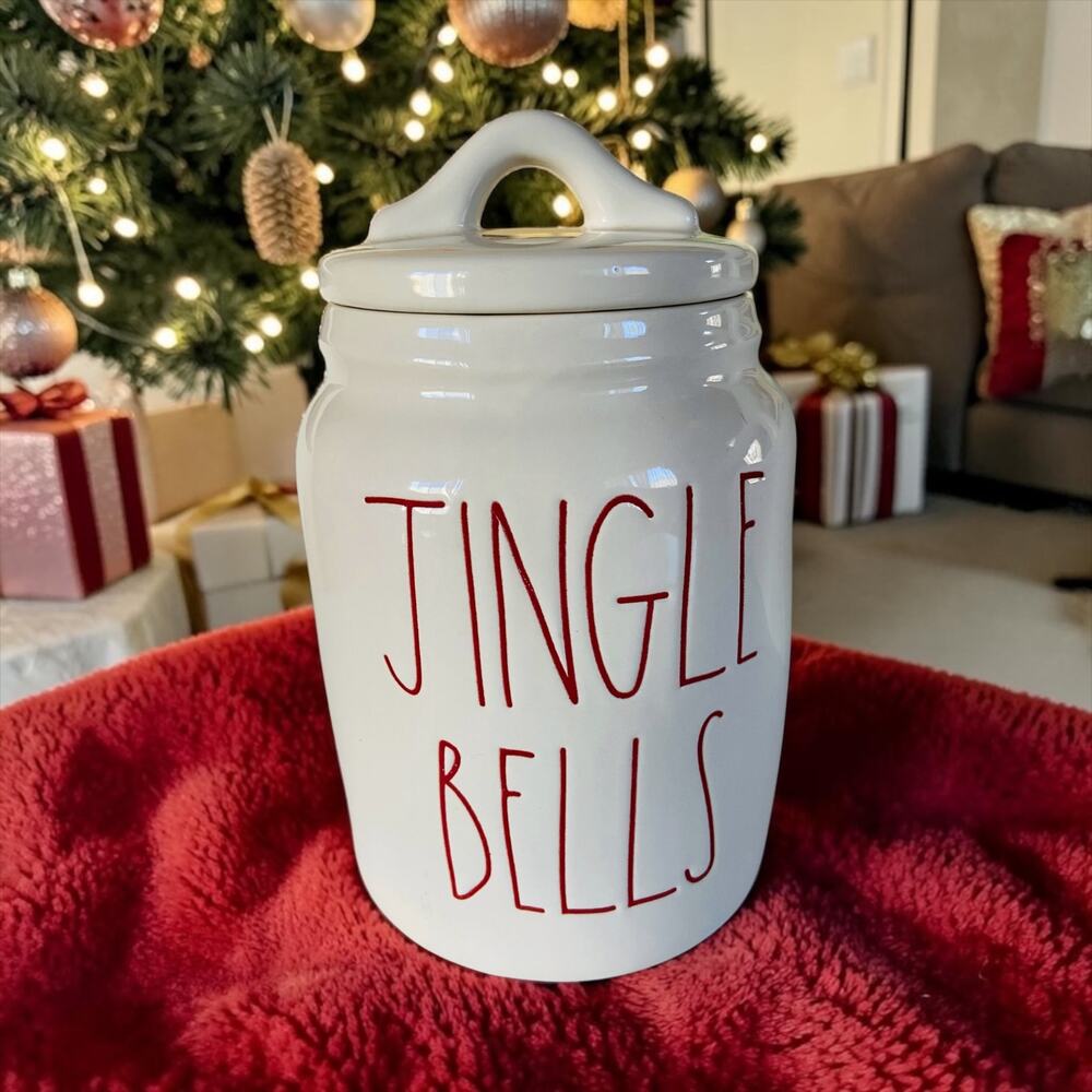 Rae Dunn Ceramic Christmas Jingle Bells Xmas Holiday White & Red Treat Snack Jar